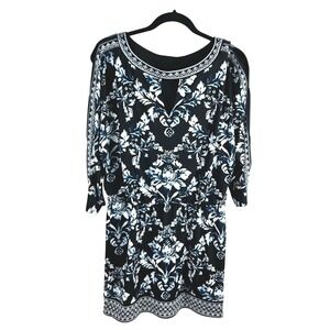 White House Black Market Blue & Black Print Cold Shoulder Dress - Size M
